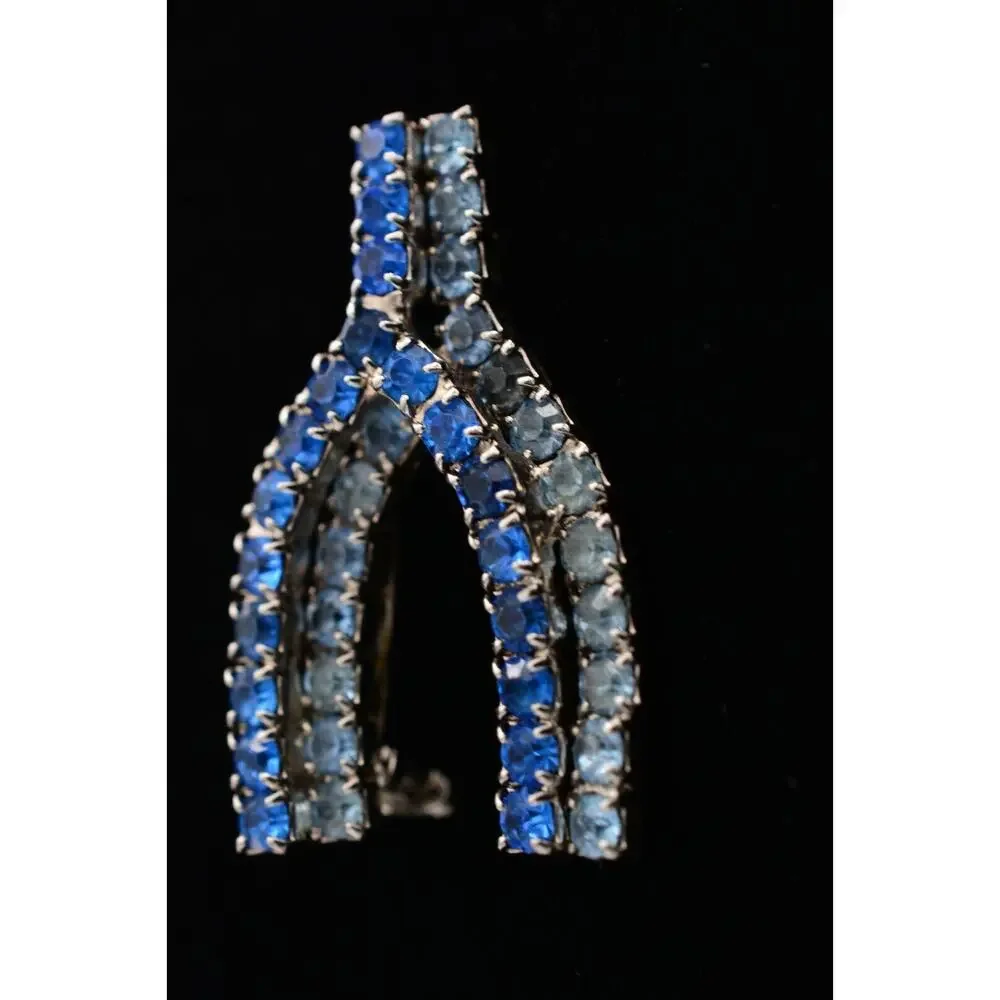Vintage Wishbone Pin Brooch Blue Rhinestone Crystal Silver Tone Prong 80s BinAT